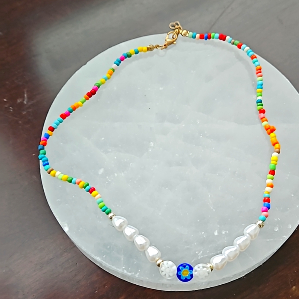 FAUX Pearl and Colored Beads Necklace